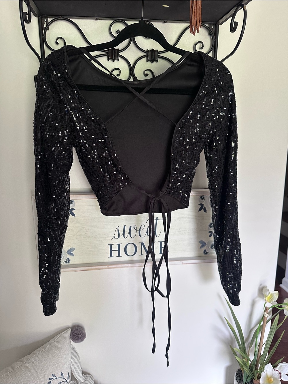 Black Sequin Long-Sleeve open back lace up crop top